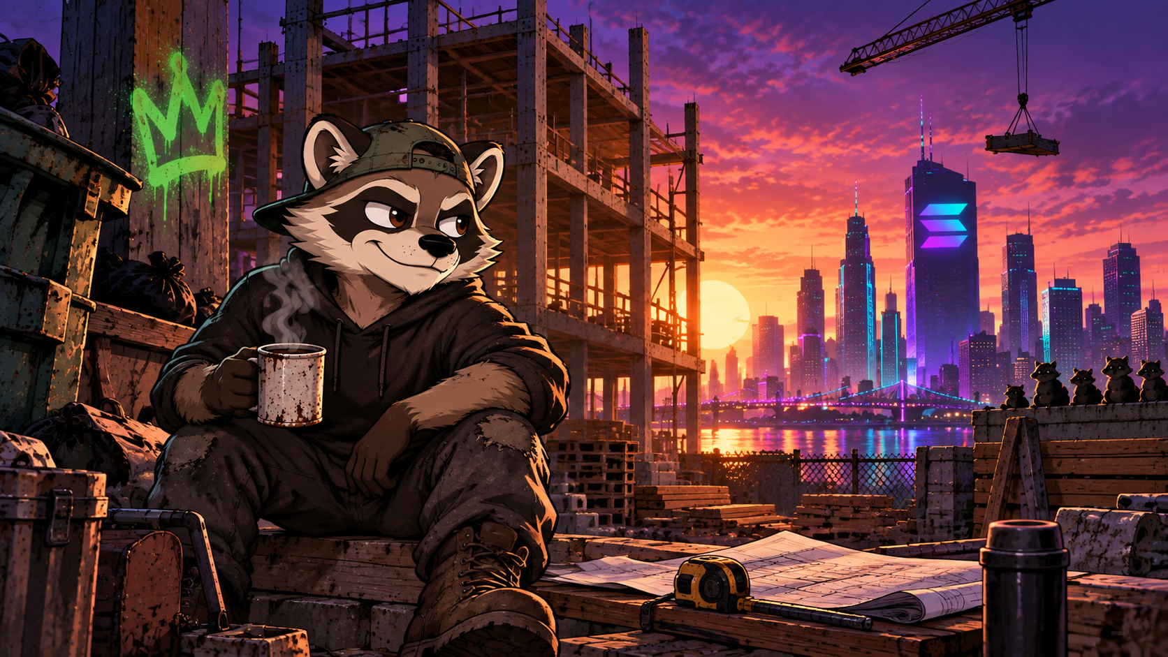 Oscar at the building lot with a city skyline and The Gaze in the distance
