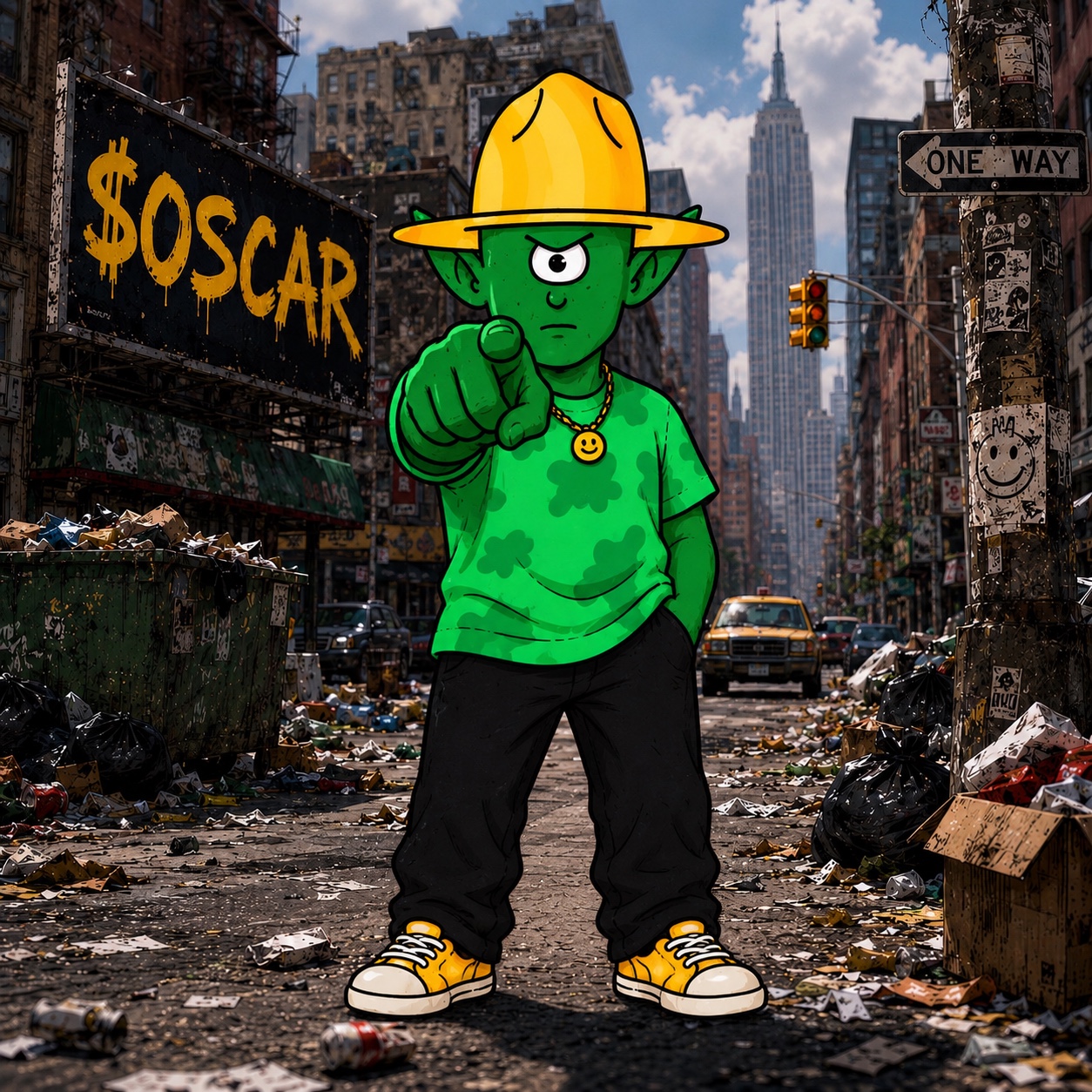 Oscar character standing on a city street